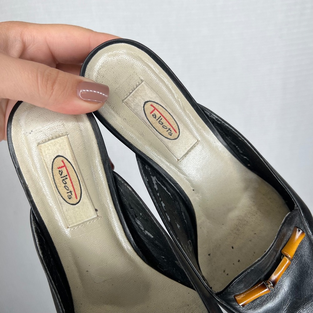 Talbots Leather Vintage Mules Size 6.5 Black Bamboo Detail Heel Square Toe Shoes - Picture 3 of 9